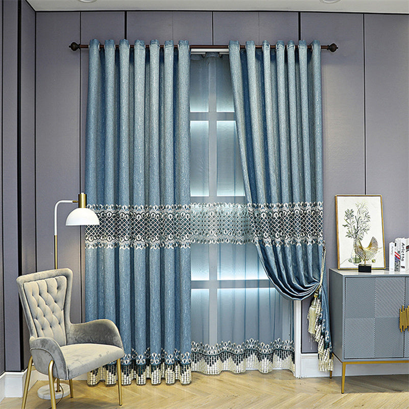 Blue Embroidery Sheer Curtains Voile Curtains Noble and Elegant for Living Room Bedroom Decoration Custom 2 Panels Drapes Breathable Drapes