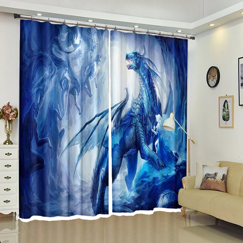 3D Dragon and Elves Cartoon Blue Curtain Bathroom Blackout