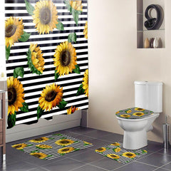 Black Stripes Sunflower 3D Shower Curtain Bathroom Partition Curtain Set Durable Waterproof Mildew Proof Polyester