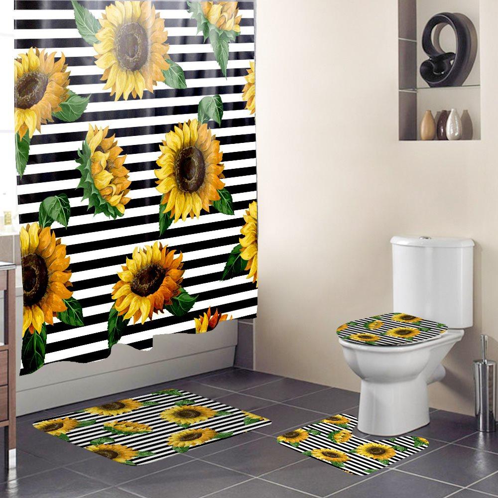 Black Stripes Sunflower 3D Shower Curtain Bathroom Partition Curtain Set Durable Waterproof Mildew Proof Polyester