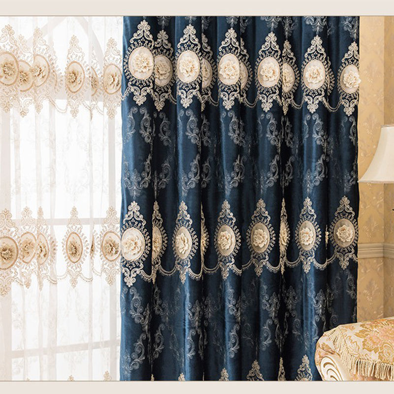 Blackout Curtains European Chenille Thicken Blue Window Curtains Embossed Embroidery Shading Curtains Sheer for Living Room Bedroom Decoration Custom 2 Panels Drapes