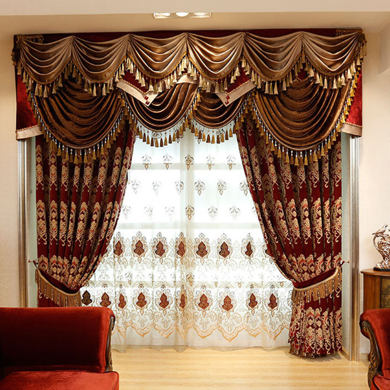 Luxury Chiffon Embroidery Sheer Curtain Blackout Burgundy Tulle for Living Room Bedroom Window Decor 2 Panels Drapes Breathable Voile