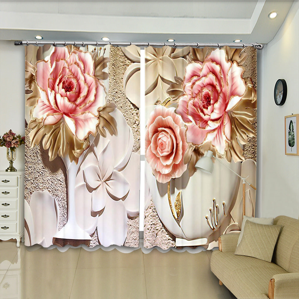 3D Elegant Pink Flowers Printed Artificial Work Decorative Blackout and Dust-proof Custom Curtain for Living Room Bedroom