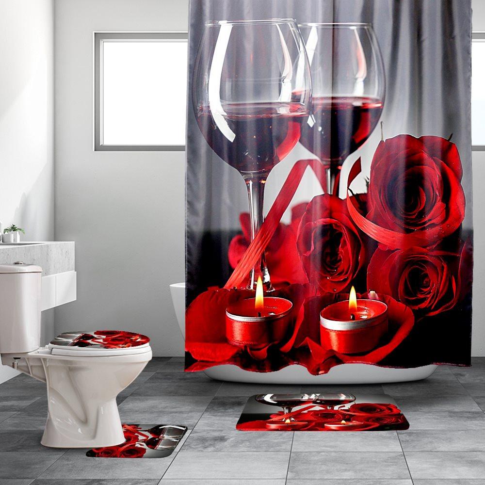 3D Shower Curtain Red Wine Cup and rose Bathroom Partition Curtain Set Durable Waterproof Mildew Proof Polyester