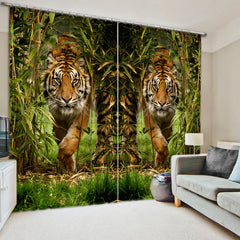 3D Two Symmetrical Tigers in Bamboo Forest Printed Window Decoration Light-Proof Curtain