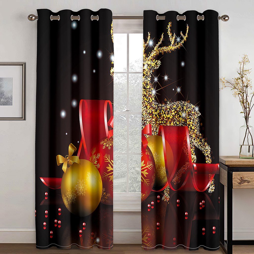 Black 3D Christmas Window Curtains Golden Deer and Balls Print Blackout Curtains for Living Room Bedroom Window Drapes Chirstmas 2 Panels Set