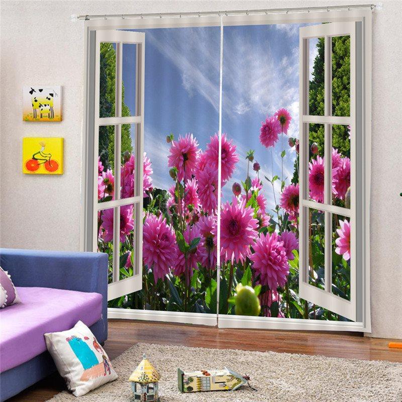 Fake Windows and Pink Flowers Curtains 3D Floral Themed Curtains Drapes 2 Panel Set for Living Room Bedroom Decoration Window