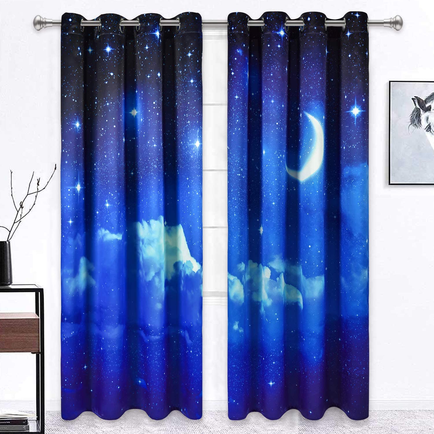 3D Printed Living Room Scenery Curtains Moon Night Starry Sky Polyester 2 Panels Custom Darkening Blackout No Pilling No Fading No off-lining