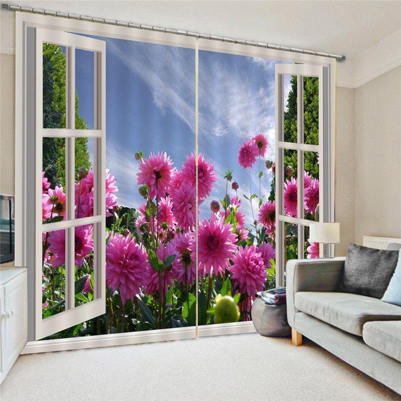 Fake Windows and Pink Flowers Curtains 3D Floral Themed Curtains Drapes 2 Panel Set for Living Room Bedroom Decoration Window