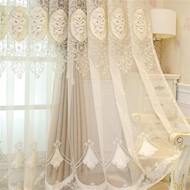 Floral Embroidery Window Curtain Set European Double Curtain Sheer and Lining Blackout Curtains for Living Room Bedroom 2 Panels Drapes Decoration