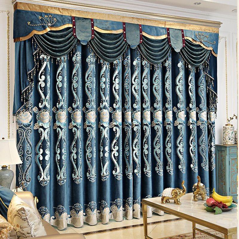 Luxury Blue Blackout Curtains Exquisite Floral Embroidery Sheer Window Shading Curtains Valance for Living Room Bedroom Custom Set of 2 Panels Drapes