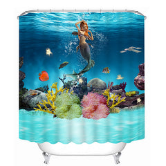 3D Swimming Mermaid and Fishes Printed Bathroom Shower Curtain