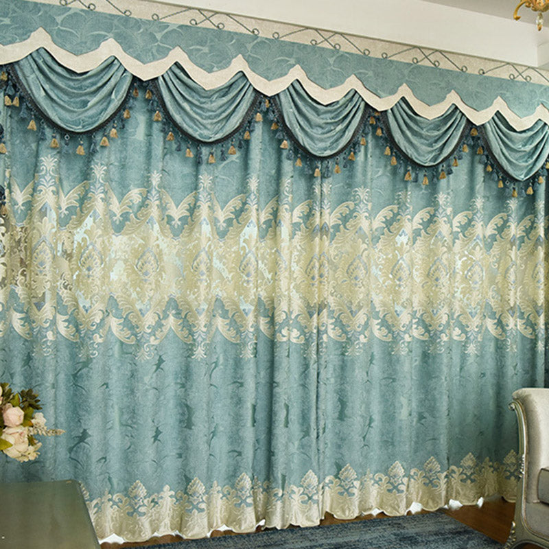 Noble Luxuriant Blue Green Chenille Embroidered Blackout Custom Grommet Curtains and Sheer