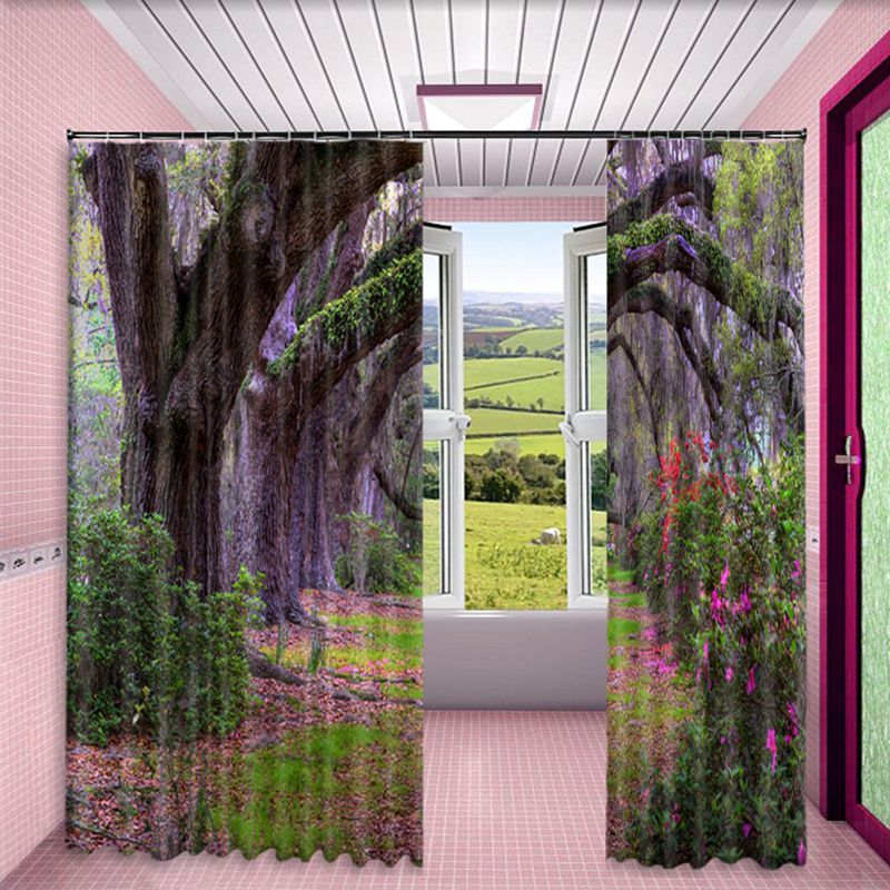 3D Thick Forest and Purple Flowers Printed 2 Panels Living Room Custom Curtain