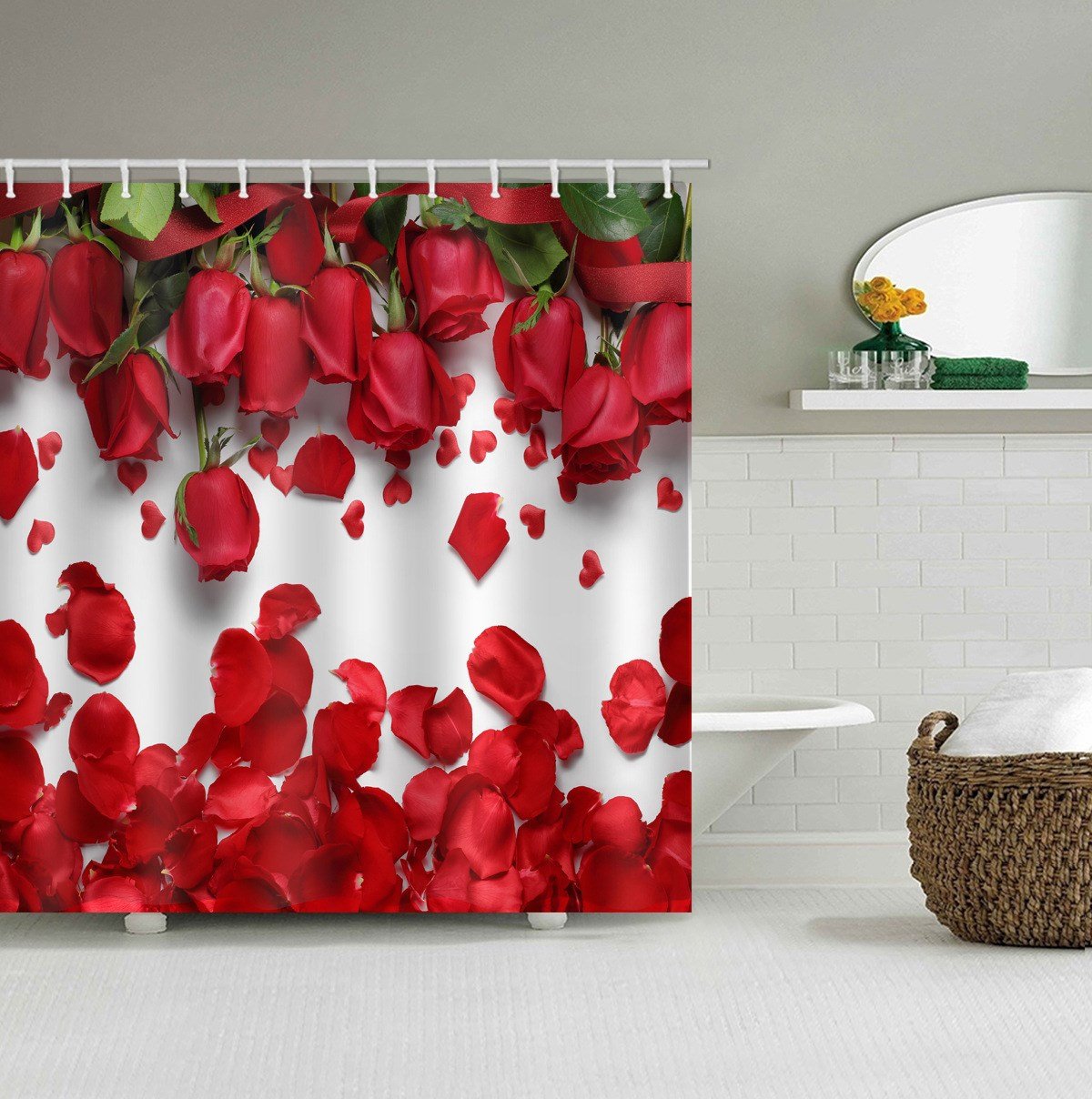 3D Shower Curtain Red Rose Bathroom Partition Shower Curtain Set Durable Waterproof Mildew Proof Polyester