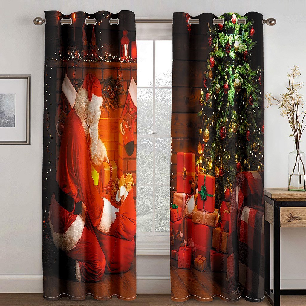 Christmas Gift 3D Window Curtains Santa Claus and Christmas Tree Print Blackout Curtains for Living Room Bedroom Window Drapes Chirstmas 2 Panels Set