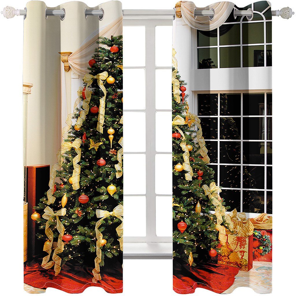 Christmas 3D Blackout Curtains Fir Twigs Xmas Christmas Tree and Grid Print Living Room Bedroom Window Drapes 2 Panel Set