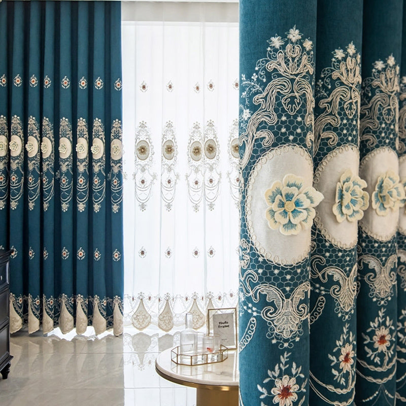 Chenille Elegant Blackout Curtains High Quality Blue European Relief Embroidery Window Curtains Sheer for Living Room Bedroom Custom Set of 2 Panels