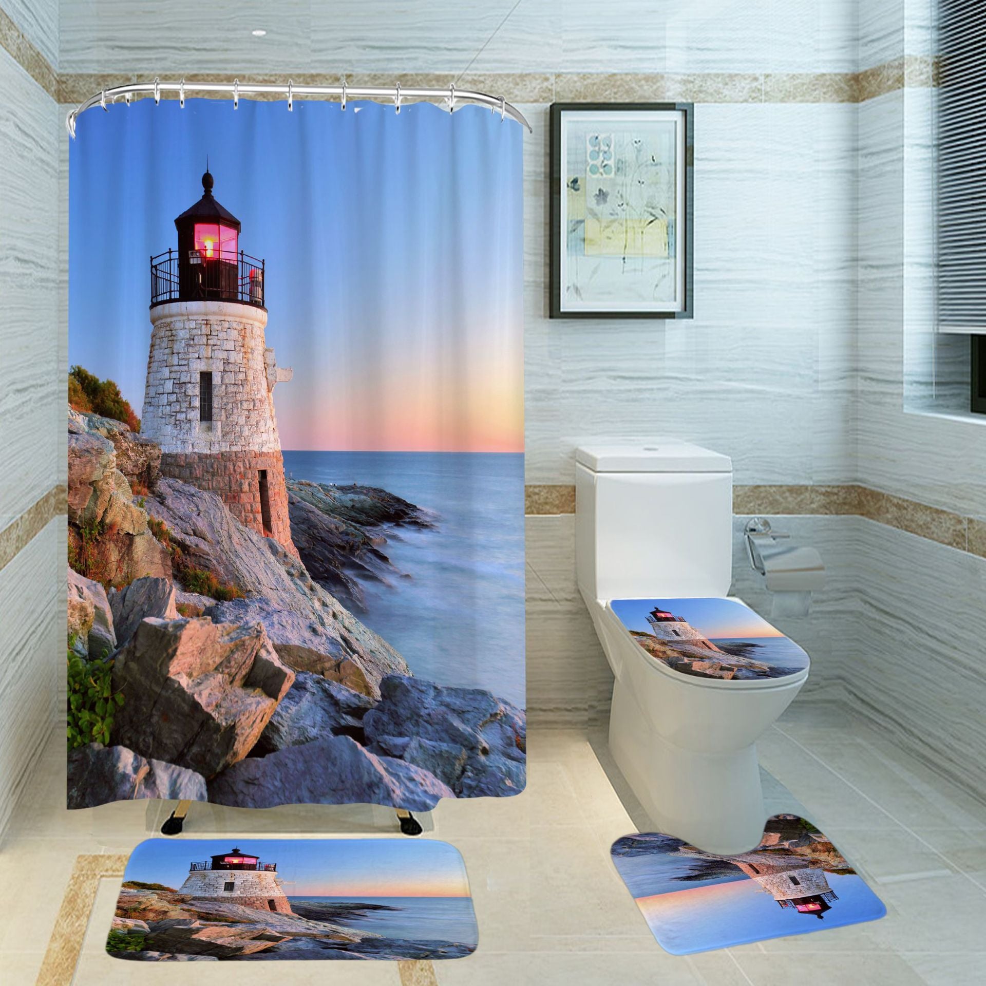 3D Shower Curtain Lighthouse Pattern Bathroom Partition Curtain Set Durable Waterproof Mildew Proof Polyester