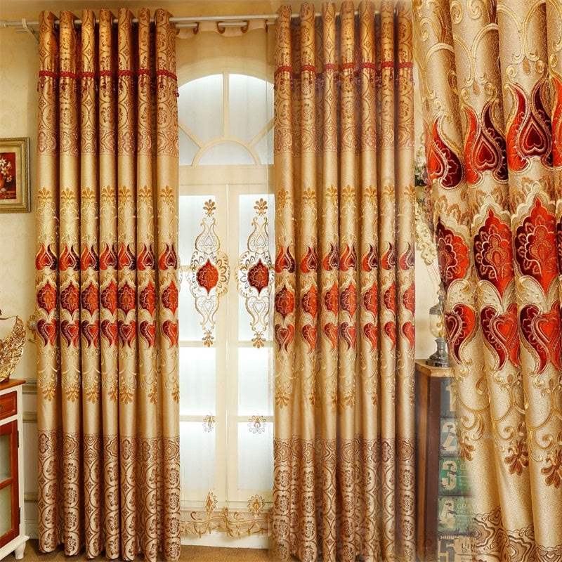 Noble and Elegant Blackout Curtains Thick Chenille Embroidered Golden and Red Flowers Shading Curtain 2 panels Grommet Top Curtain