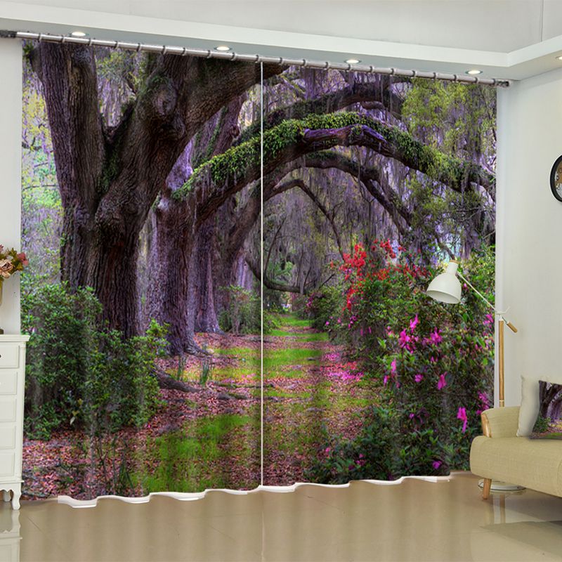 3D Thick Forest and Purple Flowers Printed 2 Panels Living Room Custom Curtain