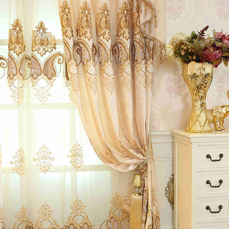 Beige Embroidery Blackout Curtains Sun Light Blocking Window Curtains Floral Sheer 2 Panels Custom Grommet Curtains For Living Room Bedroom