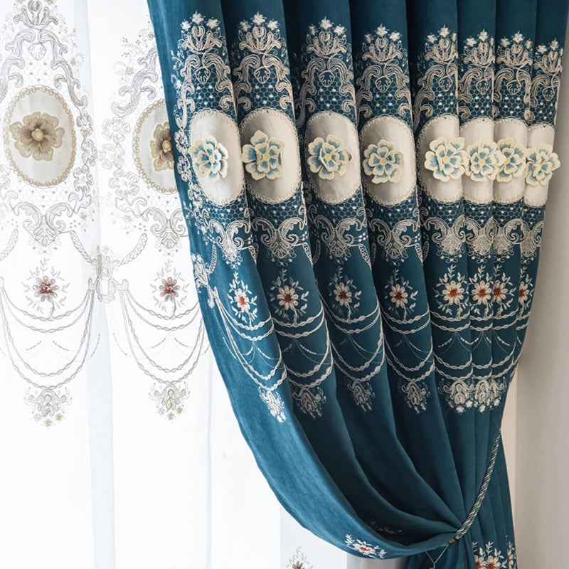 Chenille Elegant Blackout Curtains High Quality Blue European Relief Embroidery Window Curtains Sheer for Living Room Bedroom Custom Set of 2 Panels