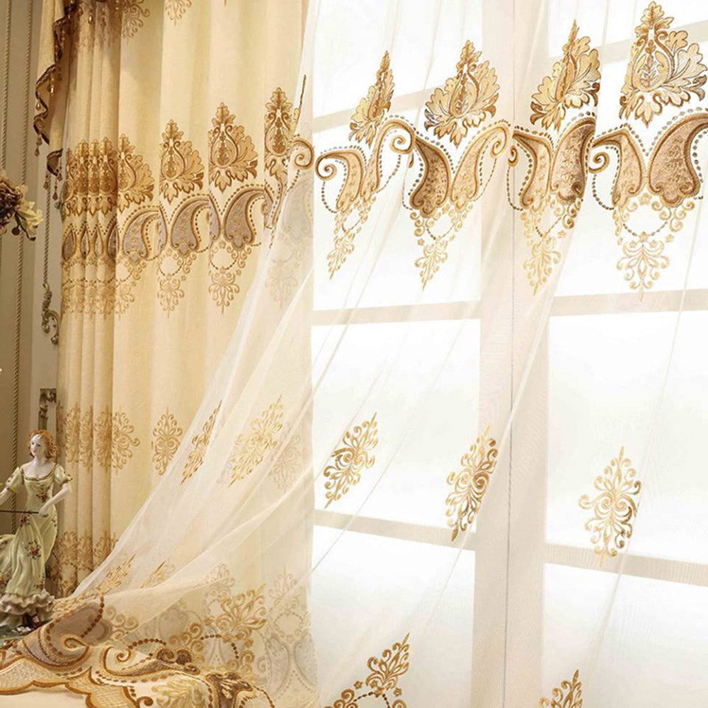 Luxury Elegant Embroidered Shading Curtains Sheer Yellow Blackout Curtain for Living Room Bedroom Custom 2 Panels Drapes