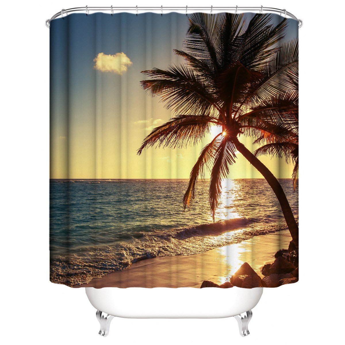 3D Shower Curtain Beach Sunset and Palm Trees Bathroom Partition Curtain Set Durable Waterproof Mildew Proof Polyester