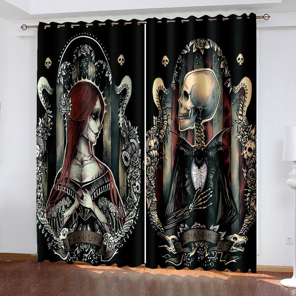 Halloween Skull Couples 3D Printed Blackout Decoration Window Shading Curtains Custom 2 Panels Drapes