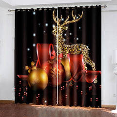 Black 3D Christmas Window Curtains Golden Deer and Balls Print Blackout Curtains for Living Room Bedroom Window Drapes Chirstmas 2 Panels Set