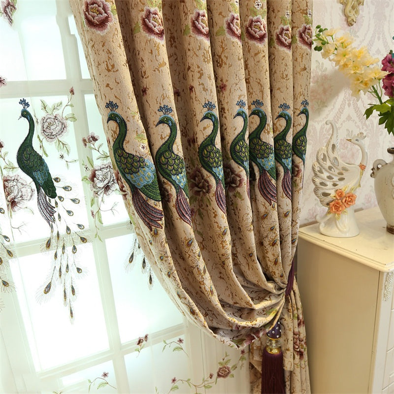 Elegant and Modern Embroidered Peacocks 2 Panels Shading Curtain Sheer  Living Room Bedroom Grommet Top Curtain