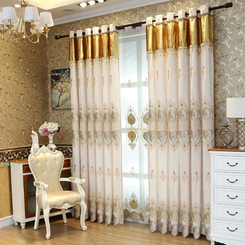 Chenille luxury Blackout Curtains Tulle Elegant Beige European Embroidery Window Curtains Sheer for Living Room Bedroom Set of 2 Panels