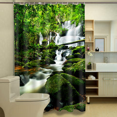 3D Luxuriant Forest and Stream Printed Polyester Green Shower Curtain