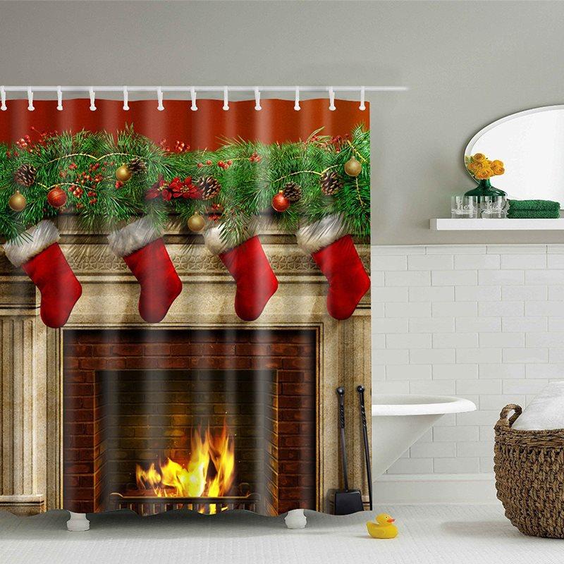 3D Christmas Shower Curtain Fireplace Bathroom Partition Curtain Durable Waterproof Mildew Proof Polyester