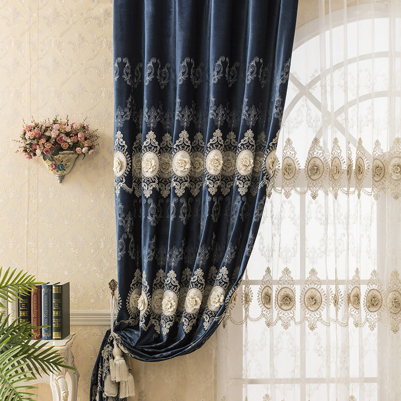 Blackout Curtains European Chenille Thicken Blue Window Curtains Embossed Embroidery Shading Curtains Sheer for Living Room Bedroom Decoration Custom 2 Panels Drapes