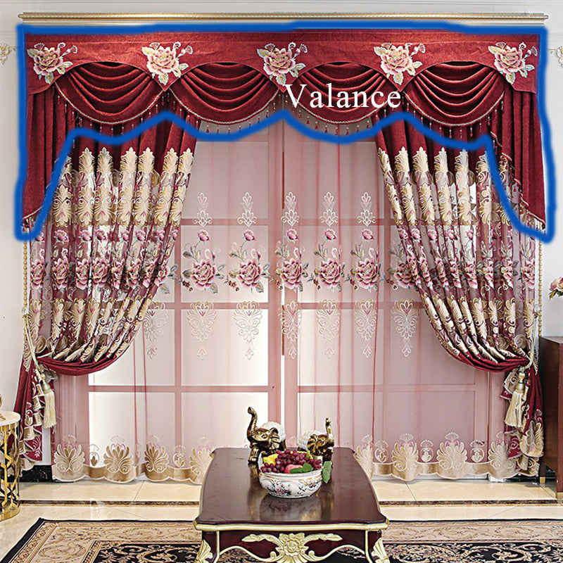 European Red Embroidery Hollowed-out Shading Curtains and Sheer for Living Room Bedroom Decoration High-end Floral Curtains Custom 2 Panels Drapes Chenille