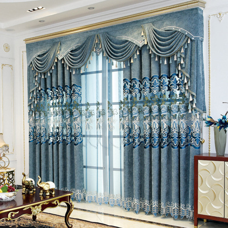 European Vintage Blackout Curtains High Quality Elegant Blue Chenille Embroidery Window Curtains Sheer for Living Room Bedroom 2 Panels Drapes