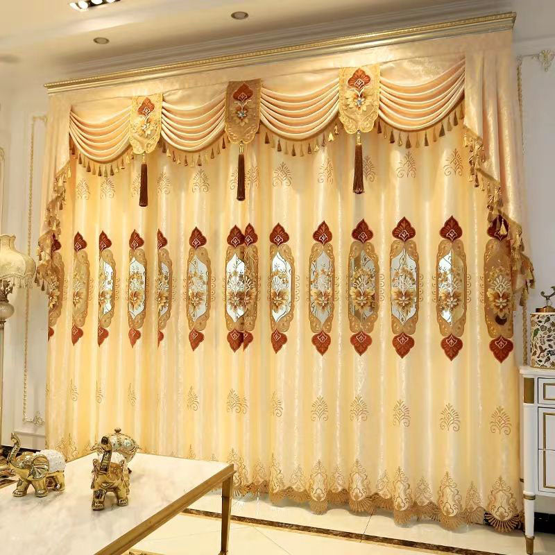 Luxury Window Curtains Floral Embroidery Hollowed-out Blackout Curtains and Sheer for Living Room Custom 2 Panels Gold Drapes