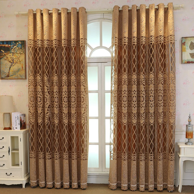 New European Elegant Floral Embroidery Gold Brown Double Shading Curtains Luxurious Hollow Curtains for Living Room Bedroom Decoration Custom 2 Panels Drapes Polyester Blend