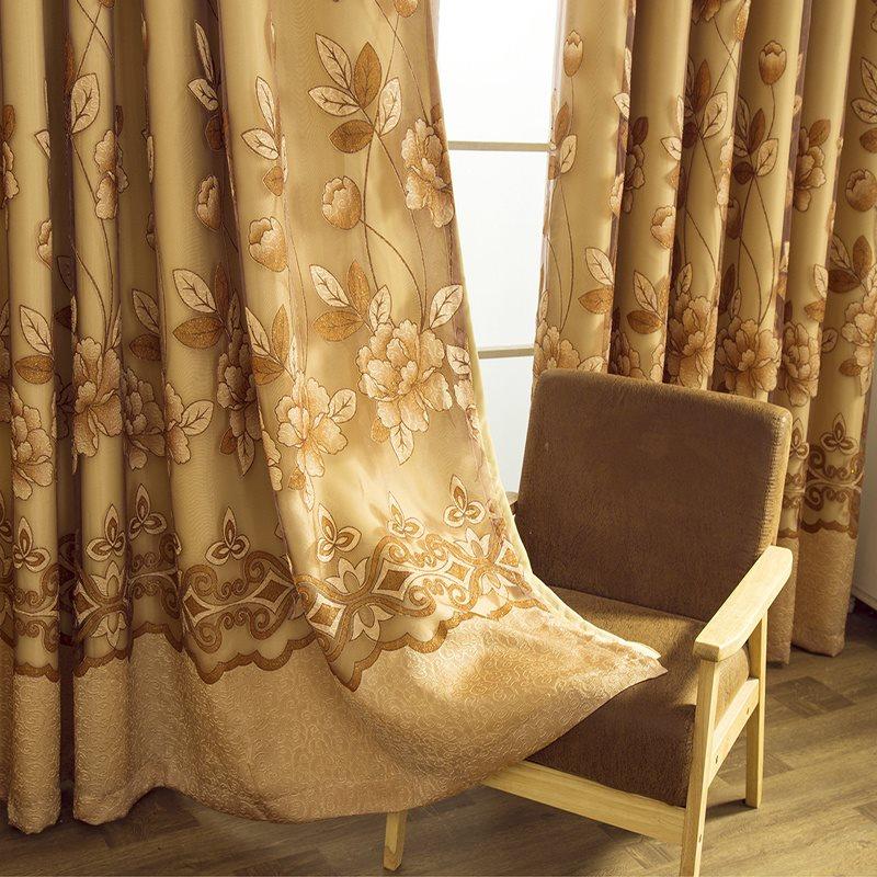 Brown Double Lily Embroidered Curtain Sets Sheer and Lining Blackout Curtains for Living Room Bedroom Decoration