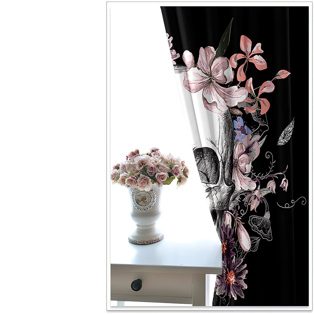 Black Halloween 3D Skull with Flowers Printed Blackout Decoration Window Shading Curtains Custom 2 Panels Drapes