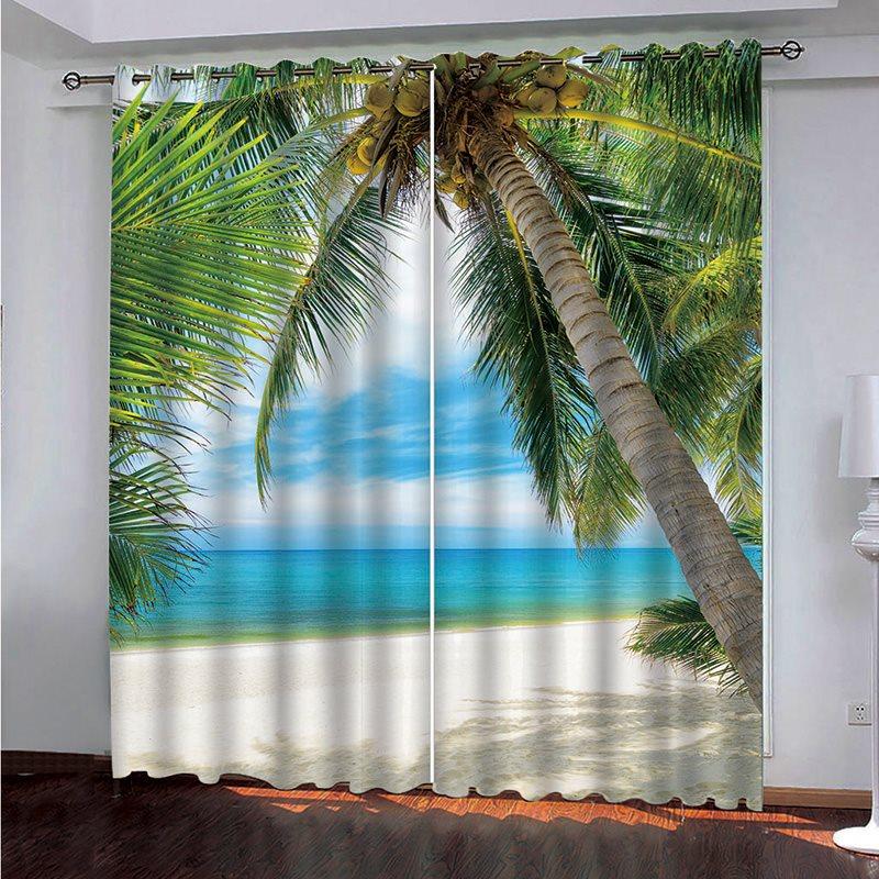 3D Romantic Holiday Scenery Blackout Curtain with White Beach and Green Coconut Tree