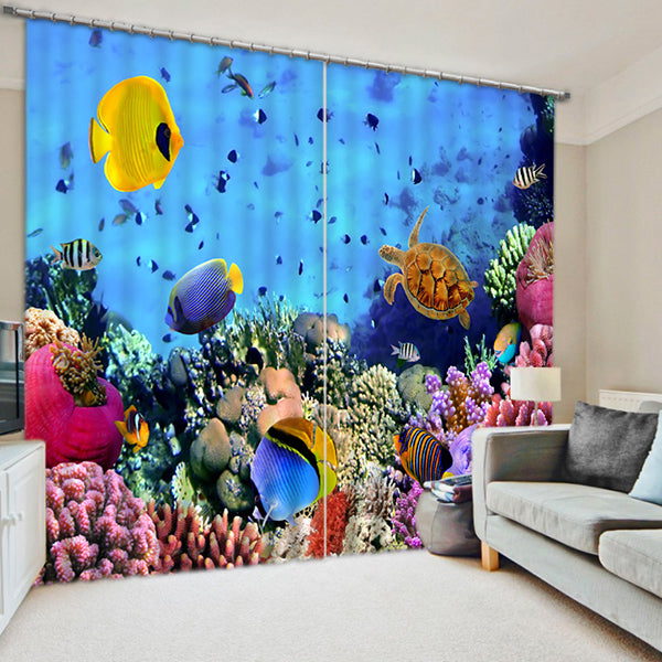 3D Golden Fishes Turtle and Corals Printed Underwater World Custom Decorative Curtain