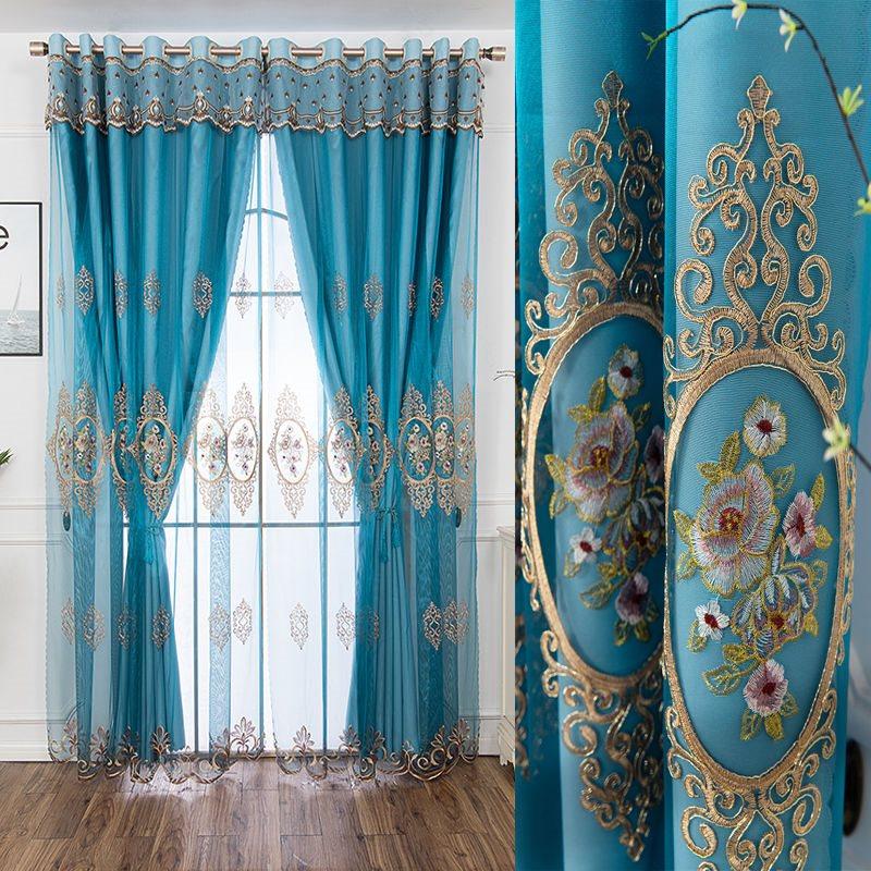 Floral Embroidery Blackout Curtain Sets Sheer and Lining Curtains Full Shading Double Curtains for Living Room Bedroom Decoration Ultraviolet-Proof