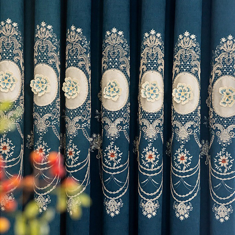 Chenille Elegant Blackout Curtains High Quality Blue European Relief Embroidery Window Curtains Sheer for Living Room Bedroom Custom Set of 2 Panels