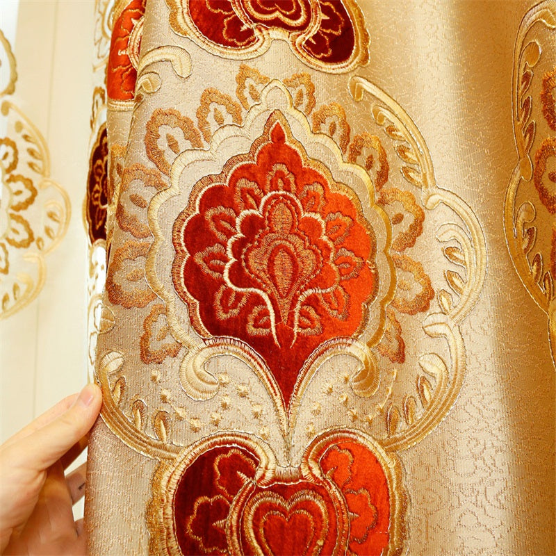 Noble and Elegant Blackout Curtains Thick Chenille Embroidered Golden and Red Flowers Shading Curtain 2 panels Grommet Top Curtain