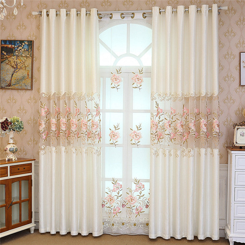 Blackout Curtain Beige Chenille Shading Curtain Embroidered Pink Peach Flowers Romantic and Elegant Organza Sheer Living Bedroom Window Drapes