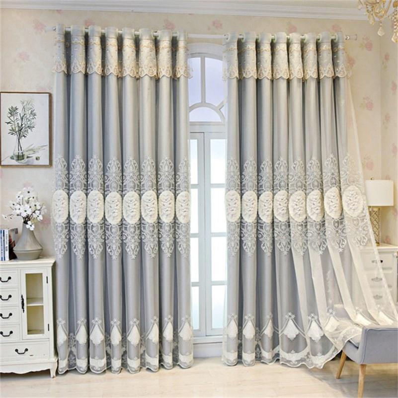 Floral Embroidery Window Curtain Set European Double Curtain Sheer and Lining Blackout Curtains for Living Room Bedroom 2 Panels Drapes Decoration