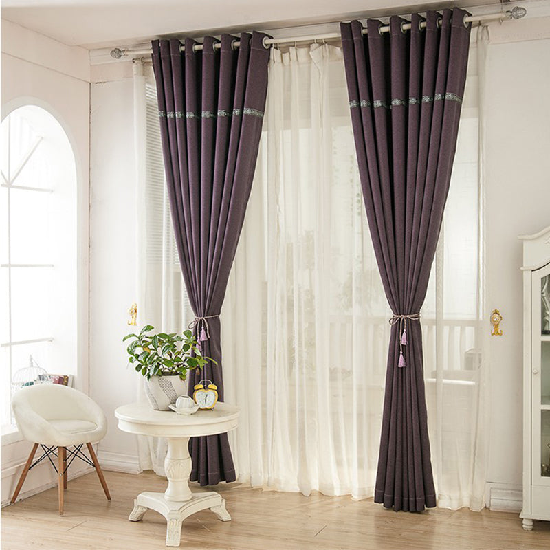 Blackout and Dust-Proof Polyester Japanese Style Solid Purple Grommet Top Curtain